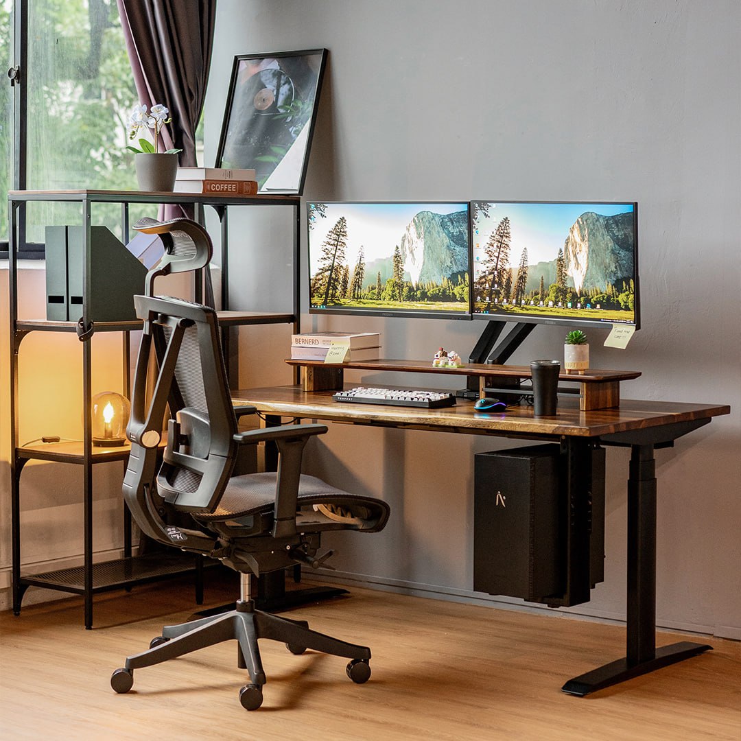 Pro Pheasantwood Sit-stand desk with matching Arka desk riser