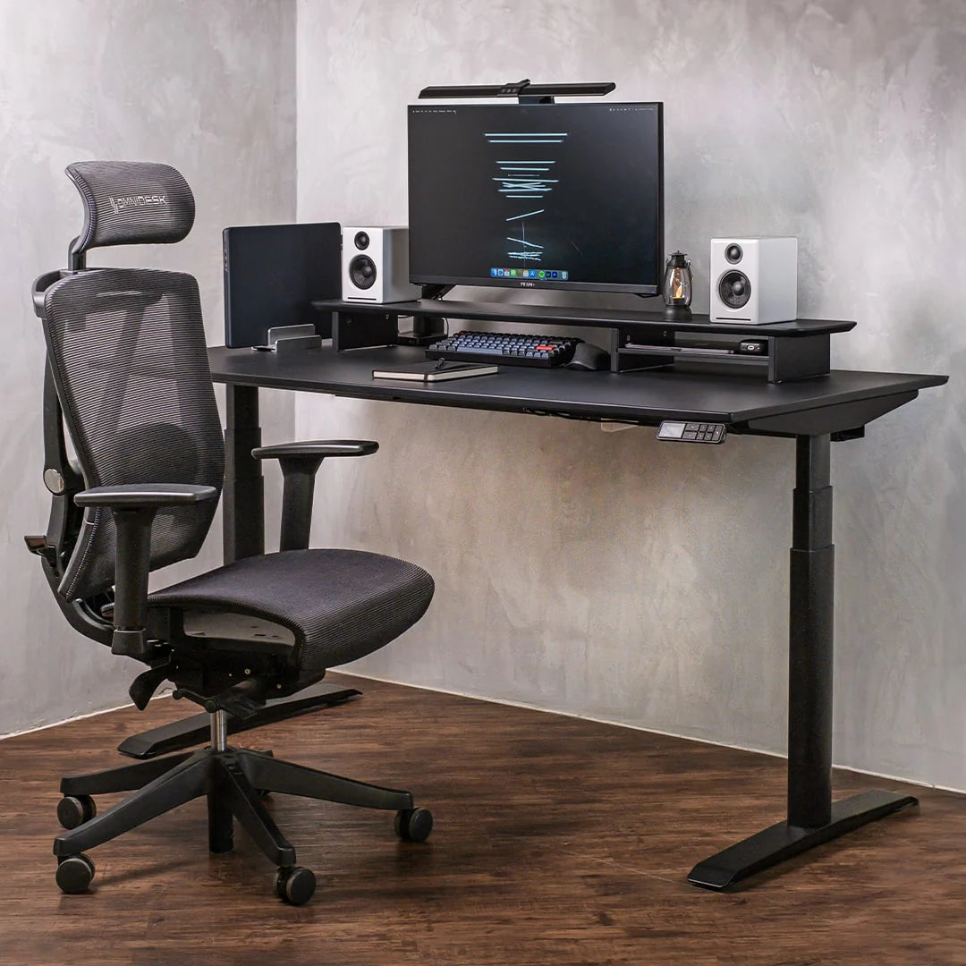 Black MDF desk riser for monitor with storage compartments – Omnidesk Arka ergonomic setup
