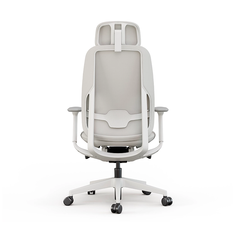 White ergonomic office chair with lumbar support in a clean office space