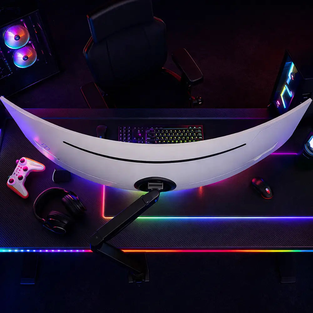 Omnidesk Monitor arm for Samsung G9 Odyssey curved screen gaming desk setup