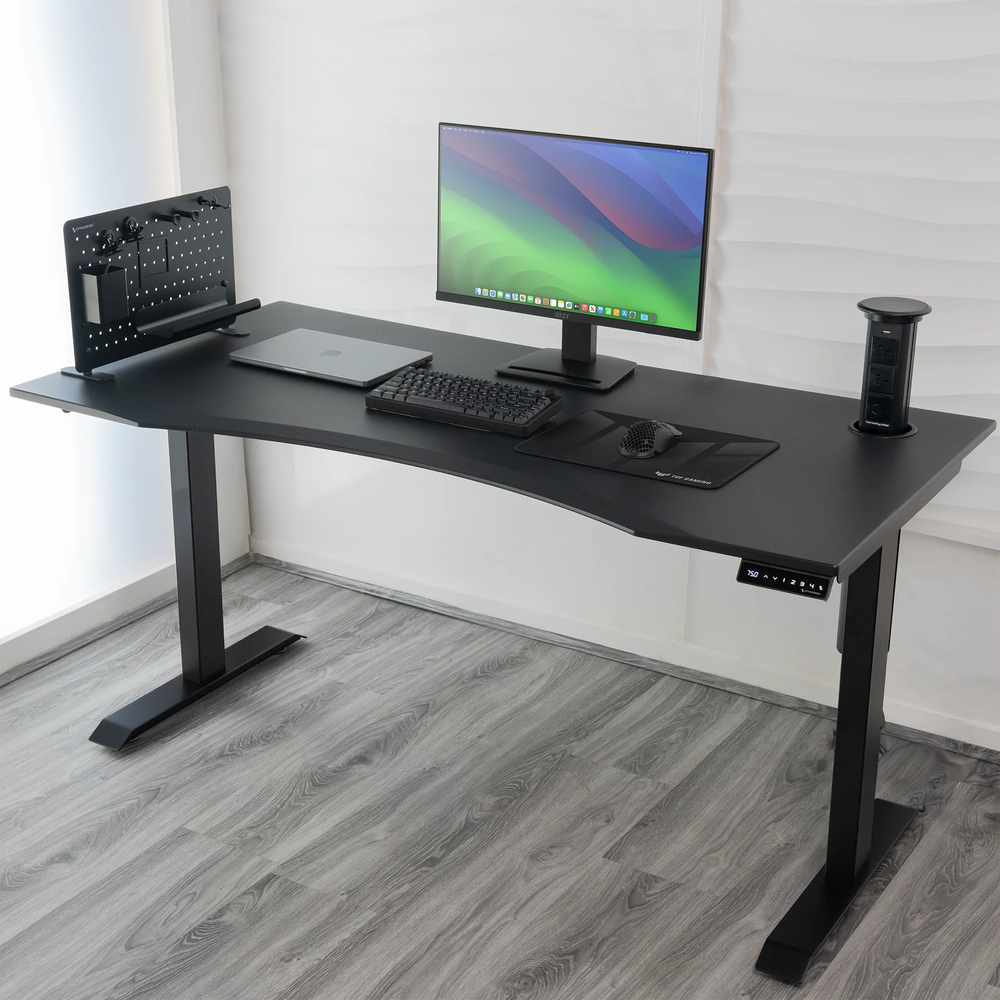 Motorised Power riser sit stand desk with Hestia Mini desktop organiser