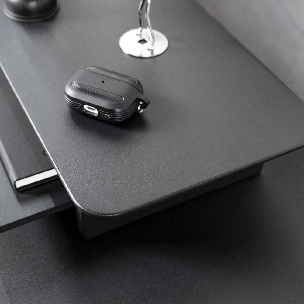 Black MDF monitor stand with wide platform and storage compartments – Omnidesk Arka desk riser setup