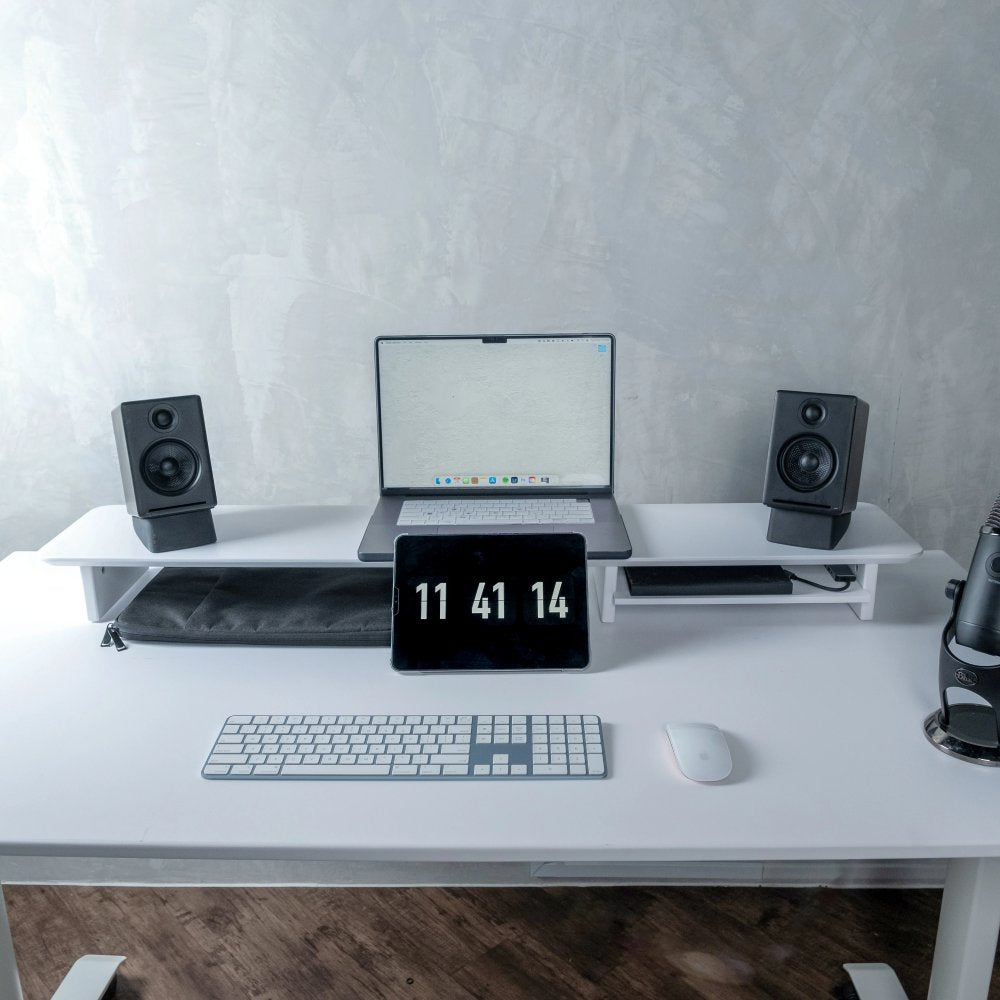 White MDF desk riser with storage compartments - Omnidesk Arka ergonomic monitor stand
