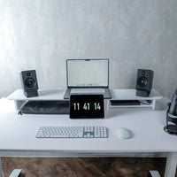 White MDF desk riser with storage compartments - Omnidesk Arka ergonomic monitor stand