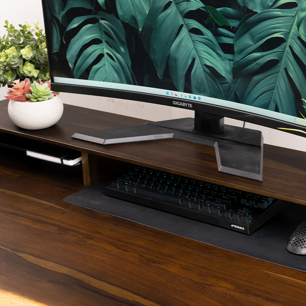 Pheasantwood Dark sit-stand desk tabletop with wooden Arka Desk Riser for office ergonomics
